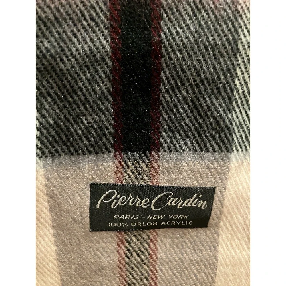 Pierre Cardin Plaid Scarf Red Grey Beige Orlon Acrylic Fringe Trim Vintage Style